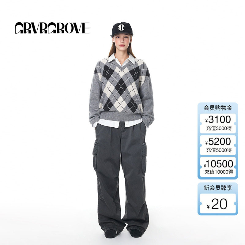 GROVE官方旗舰店秋季女长袖学院风菱格纹撞色套头羊毛衫 GF4KN07J