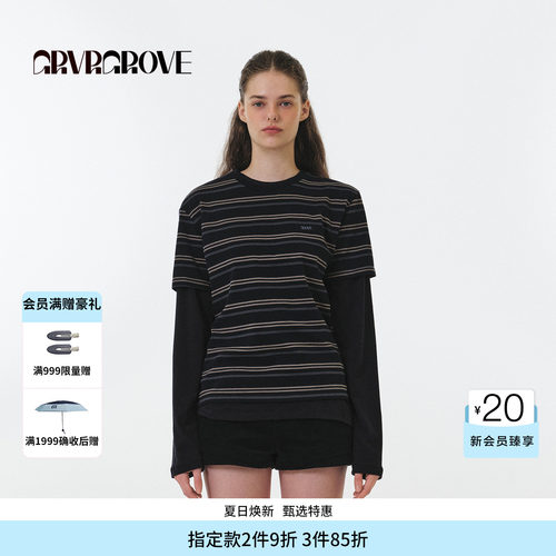 GROVE官方旗舰店 FW秋季款圆领短袖T恤条纹撞色女 GF5TS01C