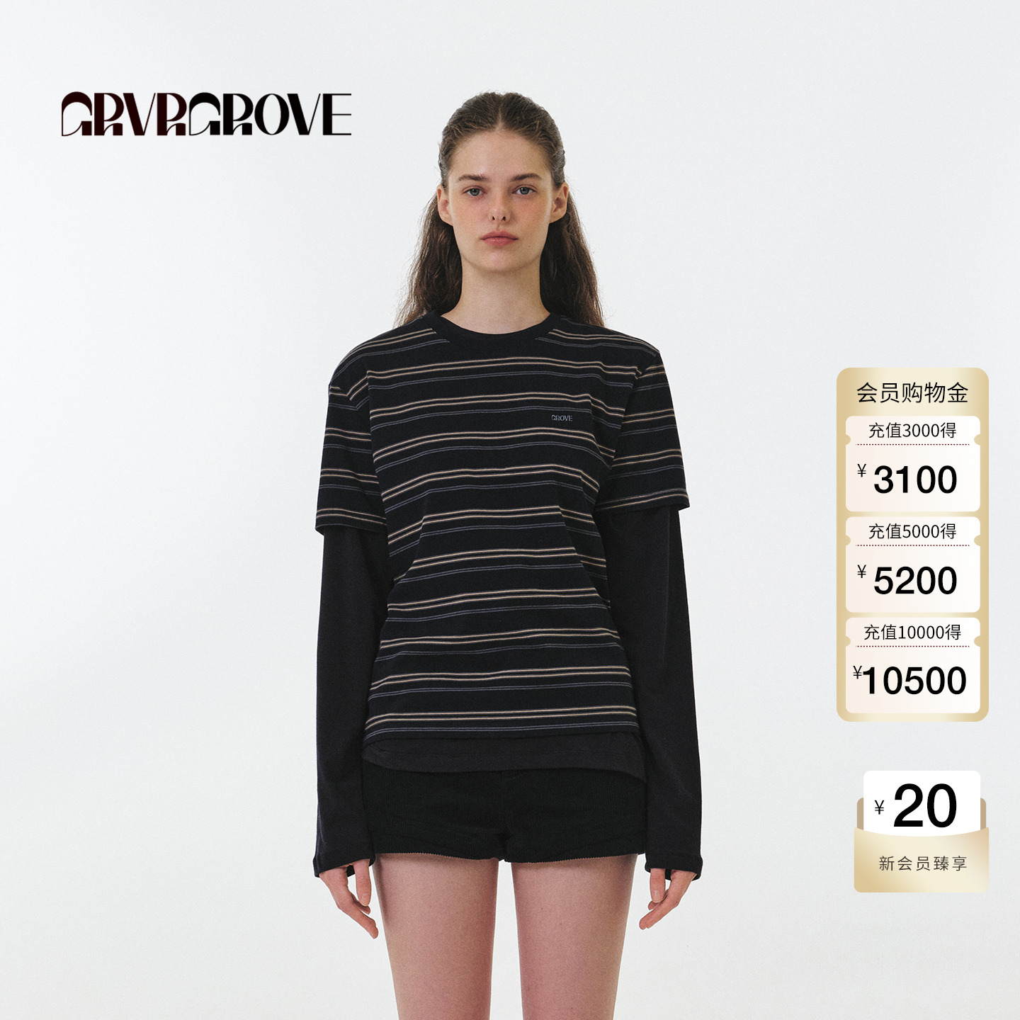 GROVE官方旗舰店 2025FW秋季新款圆领短袖T恤条纹撞色女 GF5TS01C