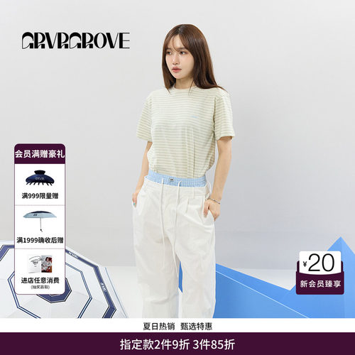 GRVR GROVE官方旗舰店女士SS春夏款条纹圆领短袖T恤 GCM5TS01
