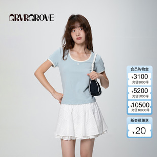 短袖 女撞色大圆领修身 GROVE2025春夏新款 t恤GCM5TS07 博主同款