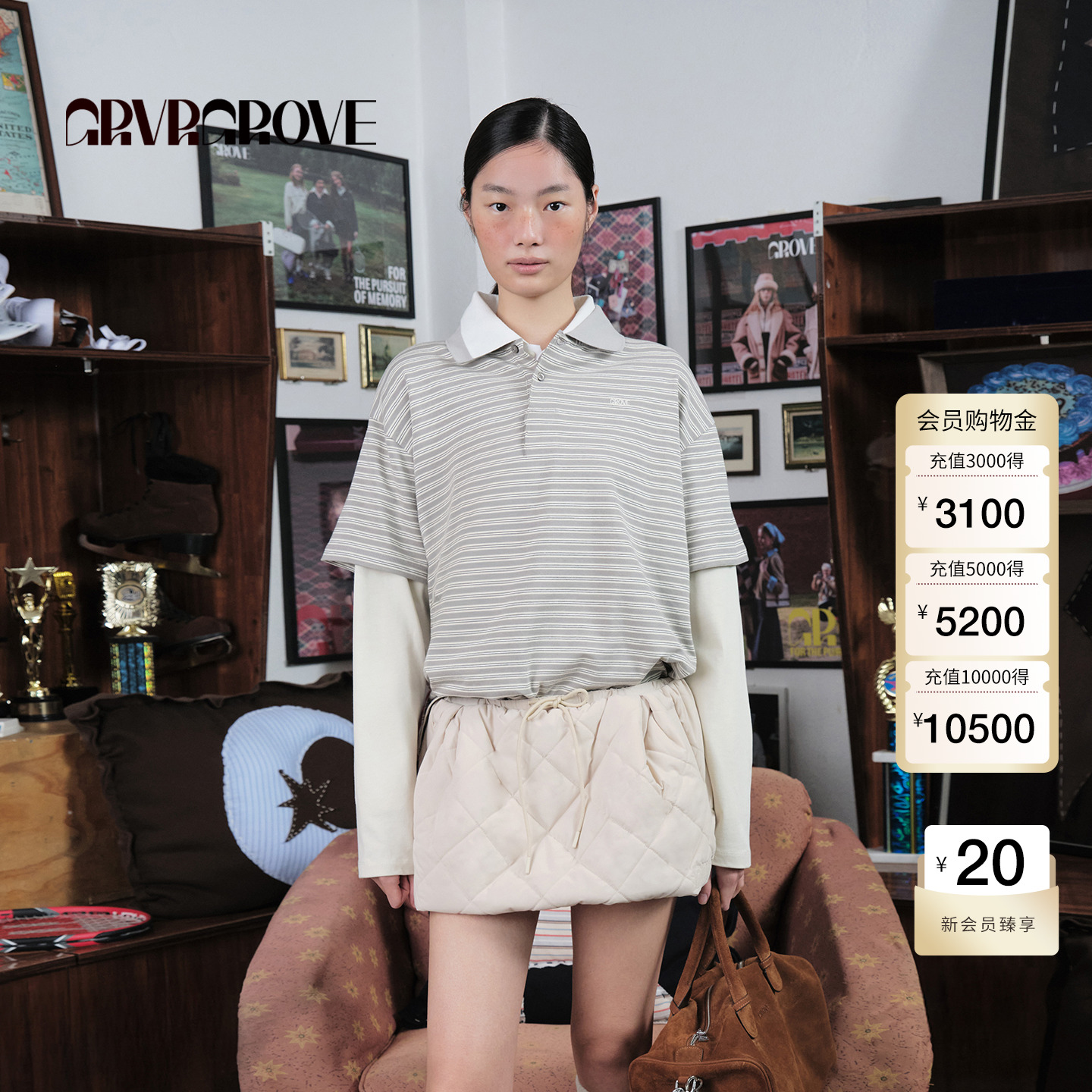 【博主同款】GROVE 2025WT冬季新款假两件长袖T恤条纹女GCW5TS05