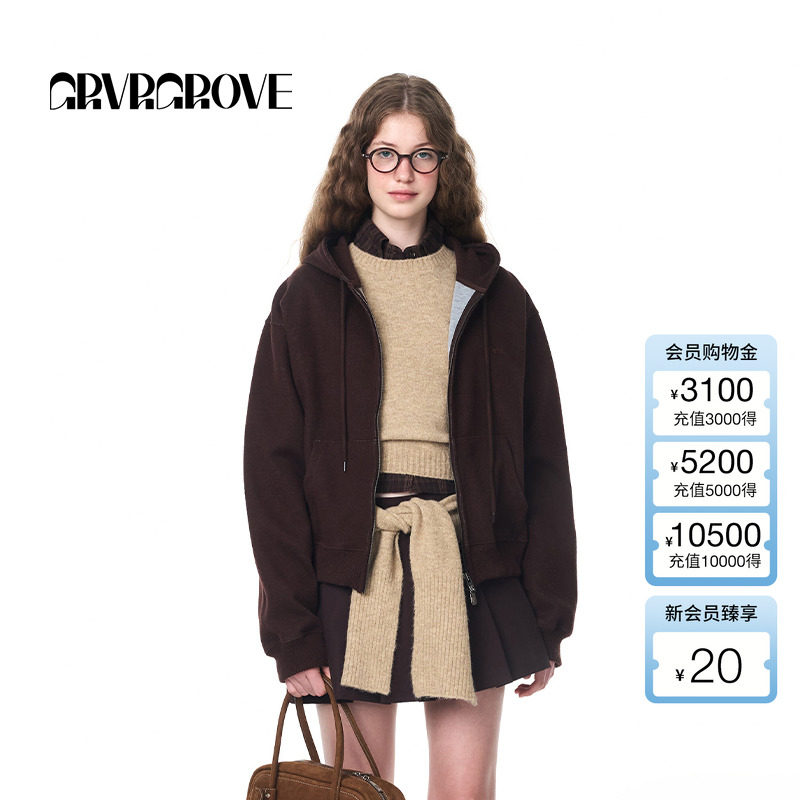 GROVE官方旗舰店女秋季新款混纺连帽针织卫衣拉链开衫外套