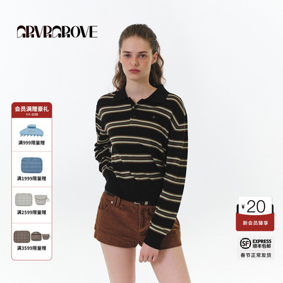 【博主同款】GROVE 2025FW秋季款翻领条纹毛织长袖女款GF5KN07C