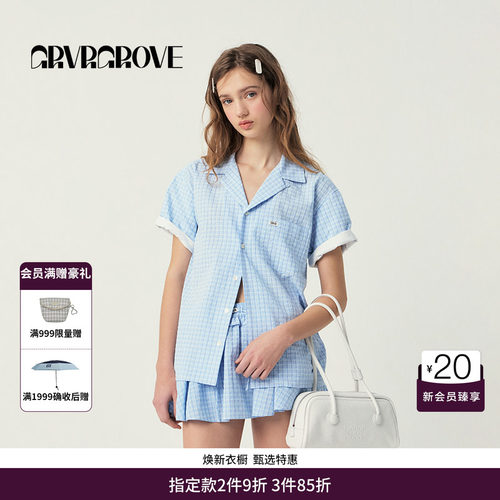 GRVR GROVE官方旗舰店SS春夏款女士格纹翻领短袖衬衫GS5SH08M