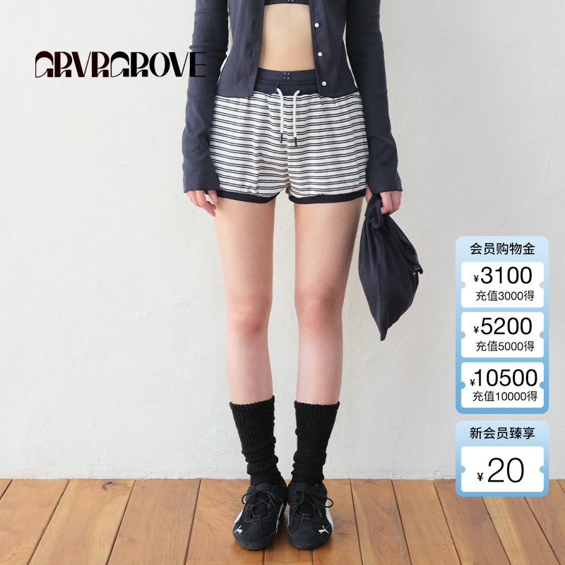 GROVE官方旗舰店2025BS夏季新款女复古撞色条纹针织短裤BM5PT01M