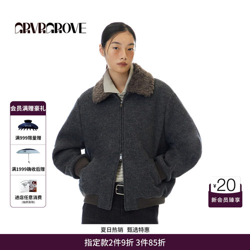 GRVR GROVE官方旗舰店 WT冬季款复古宽松翻毛领夹克外套GCW5JP02