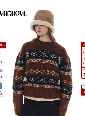 GROVE官方旗舰店明星同款冬费尔岛麋鹿提花毛织套头复古撞色毛衣