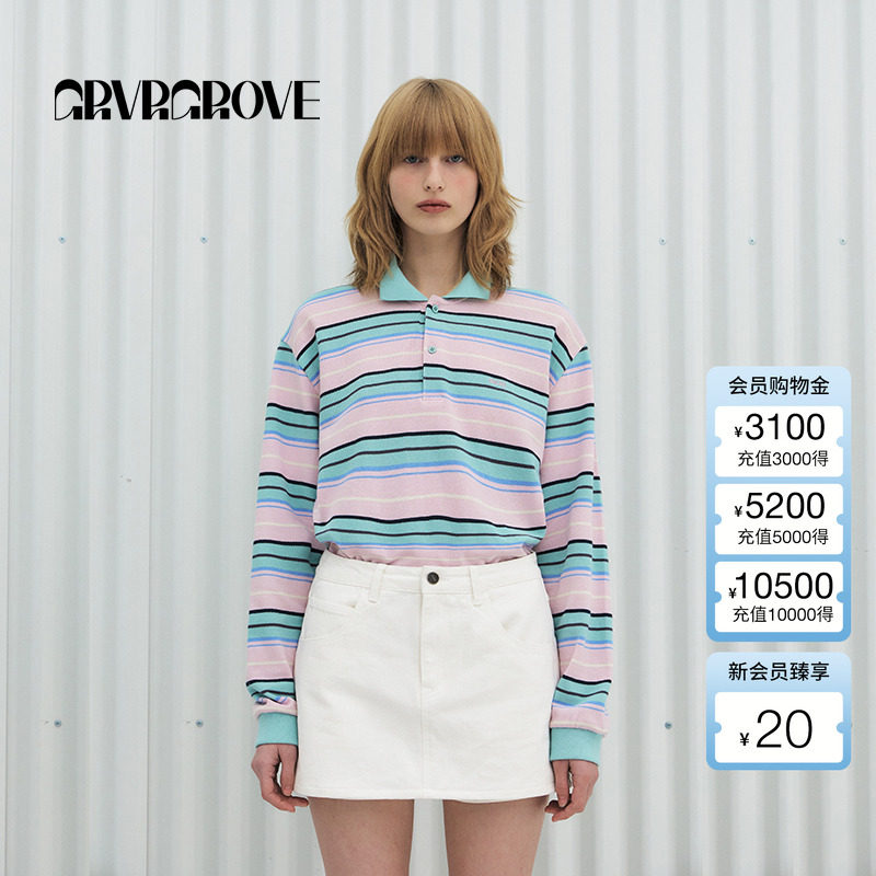 GROVE官方旗舰店明星同款2025春季新款长袖条纹polo衫女GS5TS03M