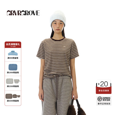 GROVE官方旗舰店 2025WT冬季款条纹短袖T恤圆领韩系女 GCW5TS01
