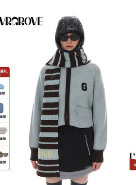 GROVE官方旗舰店女冬季款条纹LOGO毛织围巾复古撞色针织 GW4MF01S