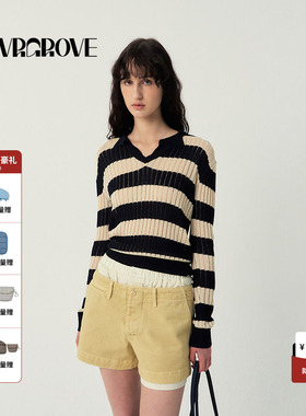 GROVE官方旗舰店2025SS春夏款女条纹套头针织衫撞色V领GR5KN01C