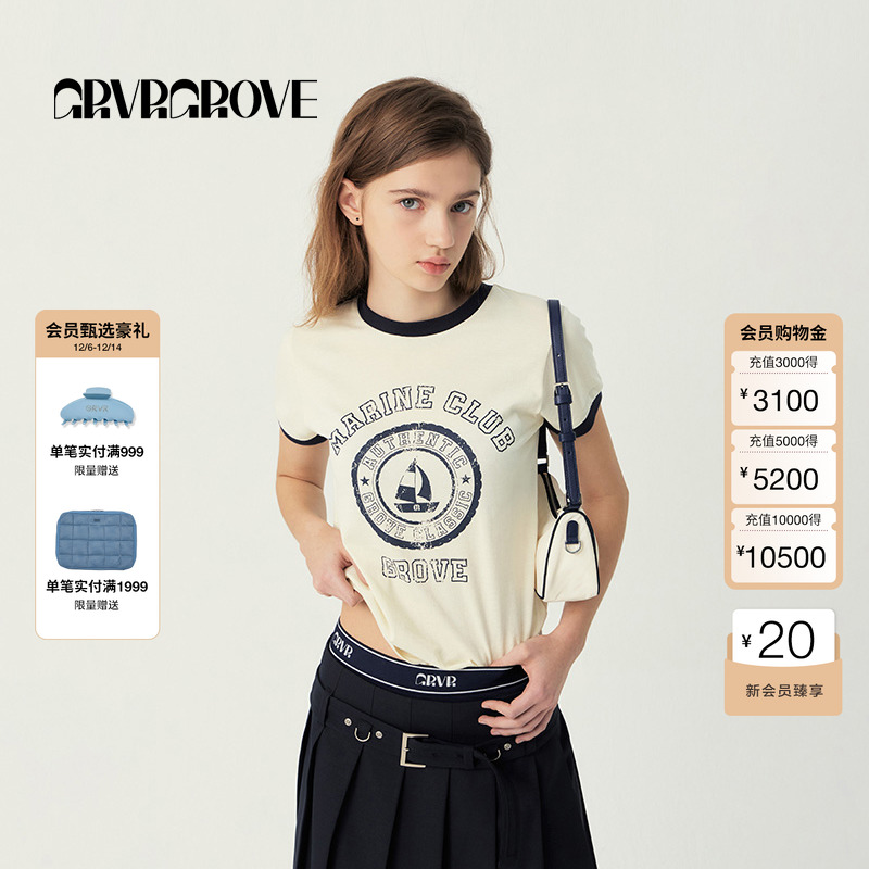 GROVE官方旗舰店2025SS春夏新款女士撞色帆船短袖t恤GS5TS16M