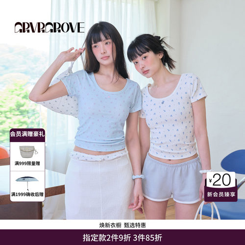 GRVR GROVE官方旗舰店BS夏季款女碎花短袖圆领韩系t恤BM5TS02M