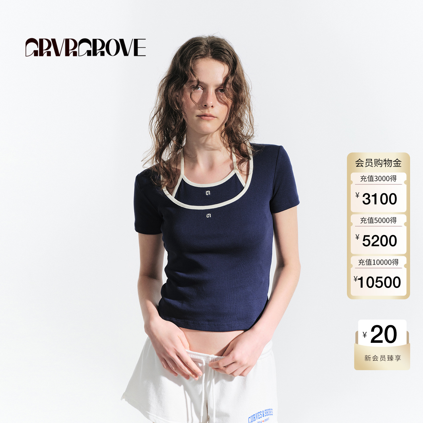 GROVE官方旗舰店2025HS夏日新款撞色大圆领修身短袖t恤 GM5TS03M