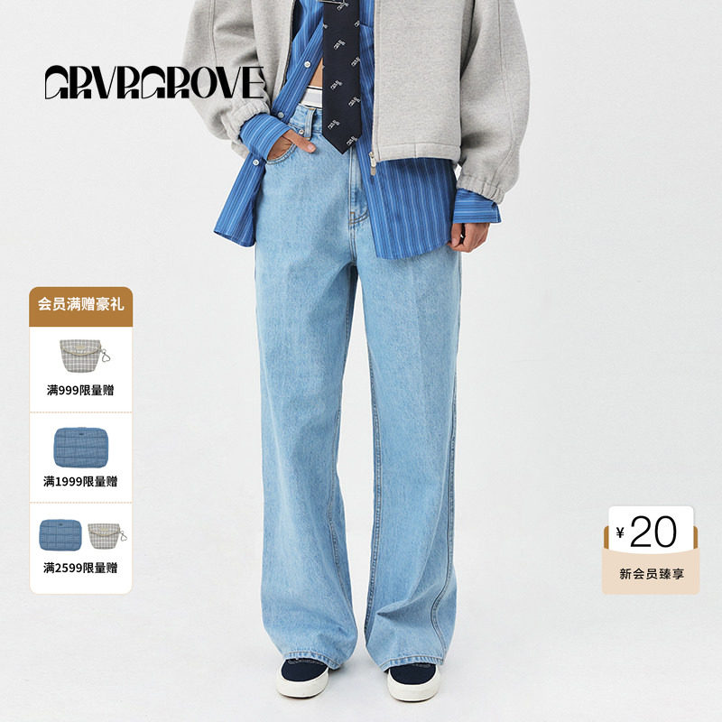 GROVE官方旗舰店明星同款PS春季新牛仔长裤复古宽松 GS5D