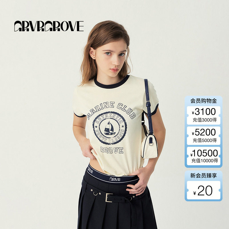 GROVE官方旗舰店2025SS春夏新款女士撞色帆船短袖t恤GS5TS16M