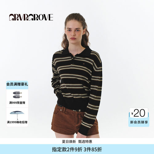 【博主同款】GROVE FW秋季款翻领条纹毛织长袖女款GF5KN07C
