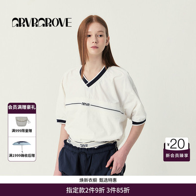 GRVR GROVE官方旗舰店SS春夏款女士V领梭织短袖套头t恤GS5TS10M