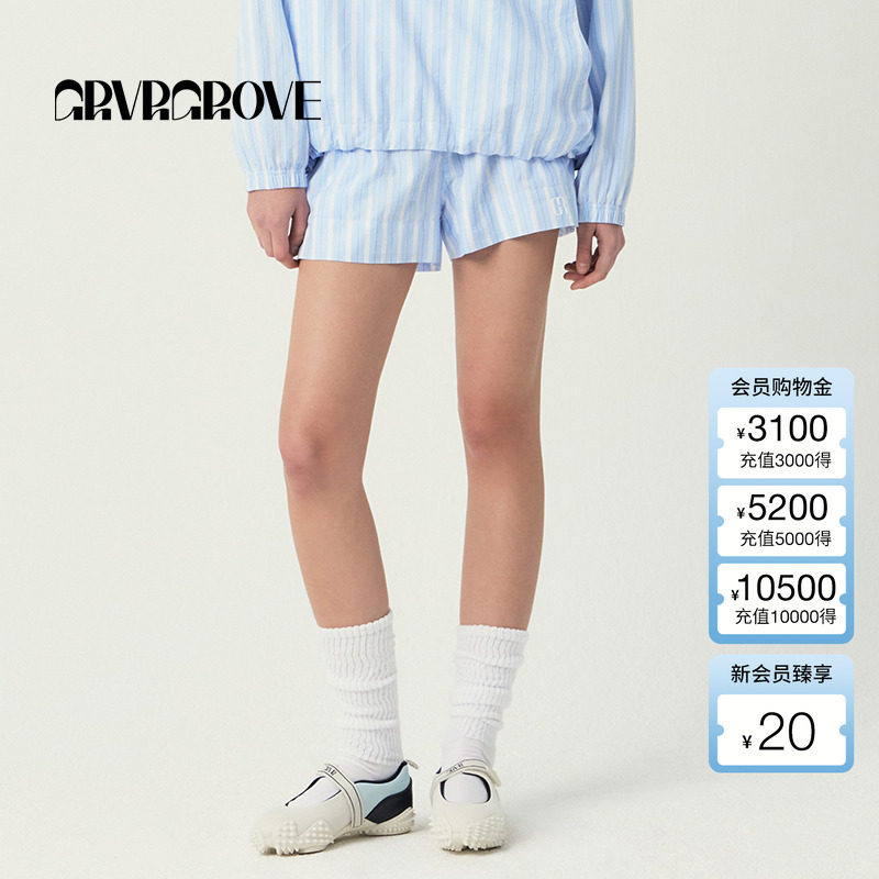 GROVE官方旗舰店2025SS春夏新款女士竖条纹梭织短裤宽松GR5PT02C