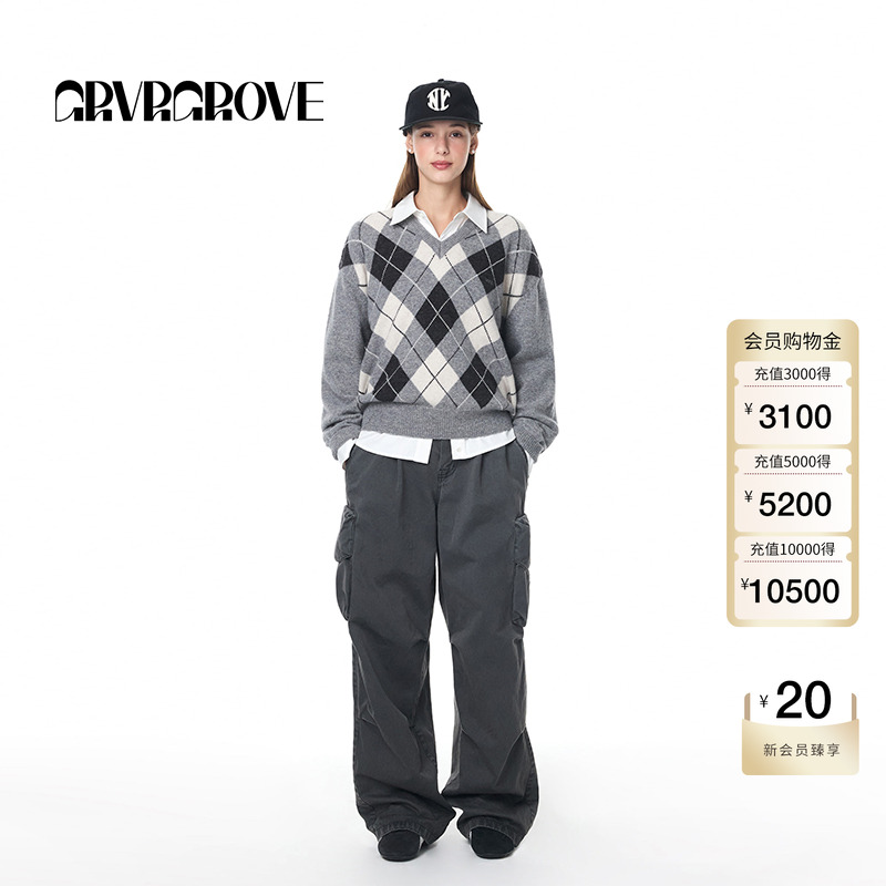 GROVE官方旗舰店秋季女长袖学院风菱格纹撞色套头羊毛衫 GF4KN07J