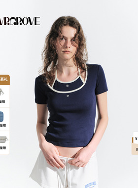 GROVE官方旗舰店2025HS夏日款撞色大圆领修身短袖t恤 GM5TS03M