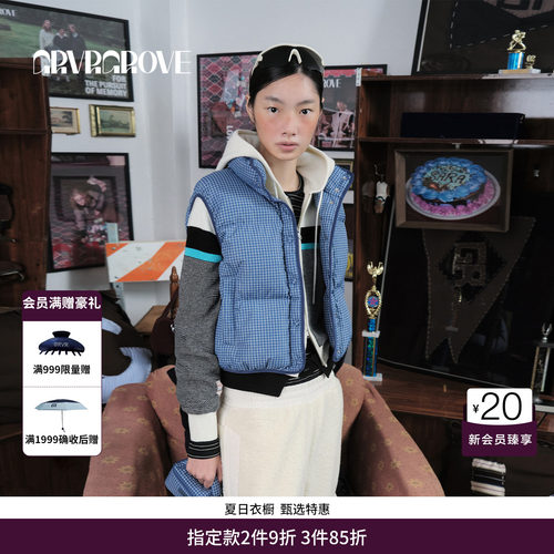 GRVR GROVE官方旗舰店 2025WT冬季款羽绒服马甲格纹外套GCW5VT01