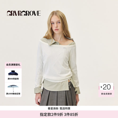 GROVE官方旗舰店2026PS春季新款长袖毛衣一字肩领口提花GP26KNC31