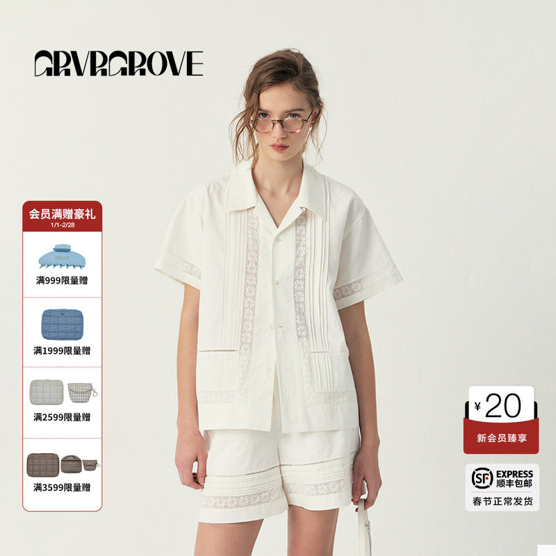 GROVE官方旗舰店2025SS春夏款女士蕾丝短袖衬衫t恤GS5