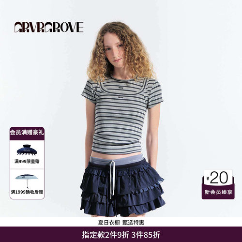 GRVR GROVE官方旗舰店夏日款女条纹短袖t恤圆领上衣修身GM5TS10M