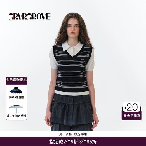 GRVR GROVE官方旗舰店FW秋季款假两件撞色毛织短袖韩系 GF5KN09C
