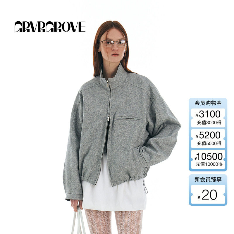 GROVE官方旗舰店女春季新款拉链针织夹克双拉链经典休闲短款外套
