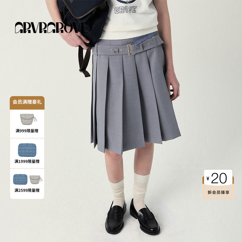 GROVE官方旗舰店女SS春夏款百褶腰盼梭织短裙 GS5SK09