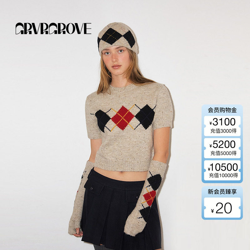 GROVE撞色短袖圣诞格纹慵懒毛衣