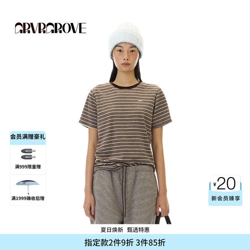 GROVE官方旗舰店 WT冬季款条纹短袖T恤圆领韩系女 GCW5TS01