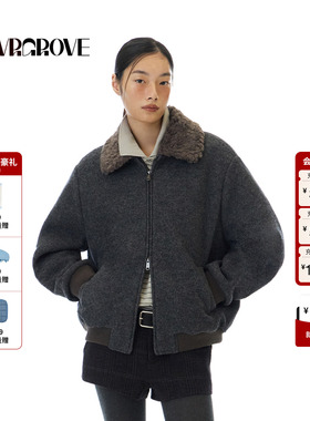 GROVE官方旗舰店 2025WT冬季新款复古宽松翻毛领夹克外套GCW5JP02