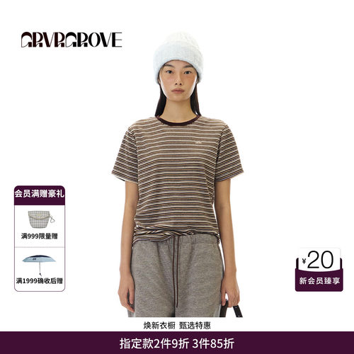 GRVR GROVE官方旗舰店 WT冬季款条纹短袖T恤圆领韩系女 GCW5TS01