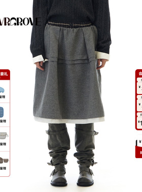 GROVE官方旗舰店 2025WT冬季新款梭织中长裙撞色女半裙 GCW5SK05