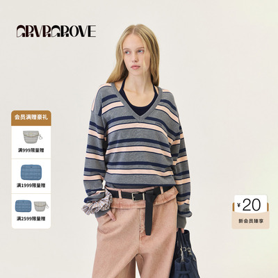 GROVE官方旗舰店2026PS春季新款长袖针织衫撞色鸡心领 GP26KNE08