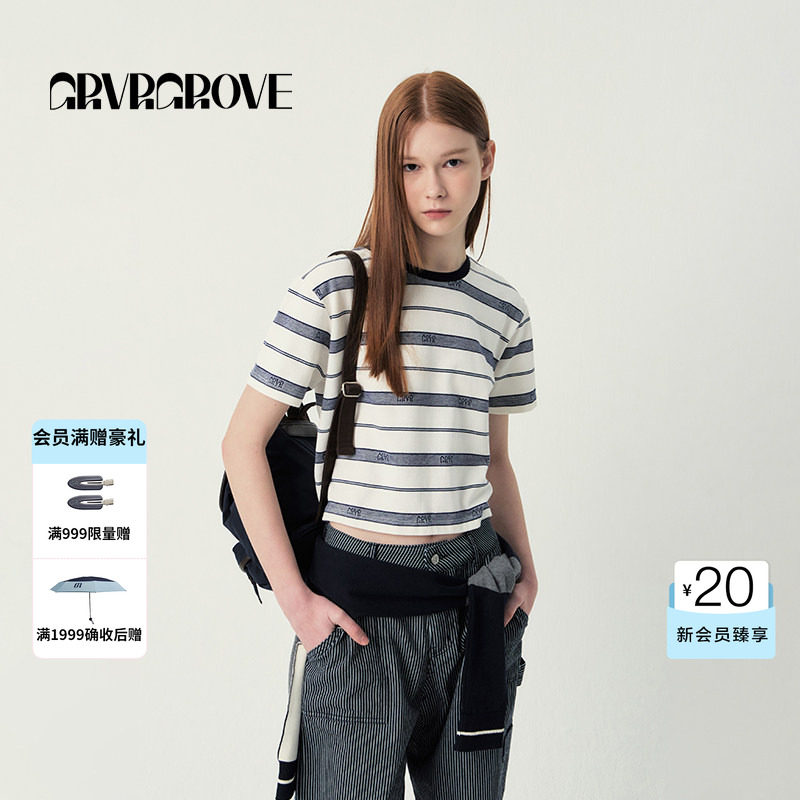 GROVE官方旗舰店SS春夏款女士条纹GRVR圆领短袖t恤GR5TS04C
