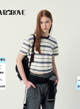 GROVE官方旗舰店SS春夏款女士条纹GRVR圆领短袖t恤GR5TS04C