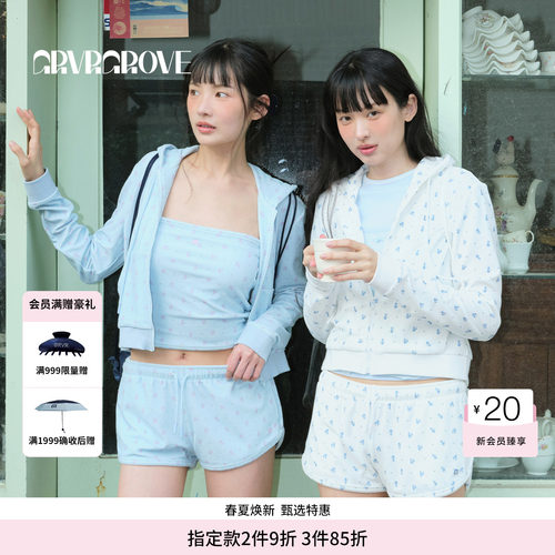 GROVE官方旗舰店BS系列夏季款女碎花连帽开衫卫衣BM5JP02M