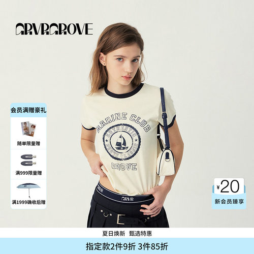 GROVE官方旗舰店SS春夏款女士撞色帆船短袖t恤GS5TS16M