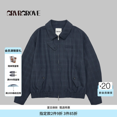 GROVE官方旗舰店2025FW秋季款格纹翻领梭织夹克短外套 GF5JP01C