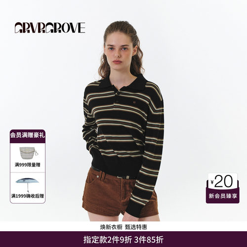 【博主同款】GRVR GROVE官方旗舰店秋季翻领条纹毛织长袖GF5KN07C