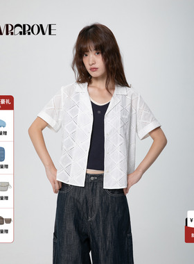 GROVE官方旗舰店2025SS春夏款女士菱形纹短袖衬衫t恤GCM5BL01