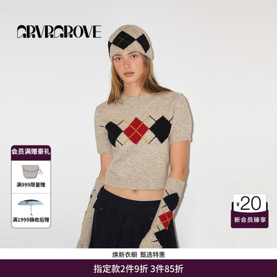 GROVE撞色短袖圣诞格纹慵懒毛衣