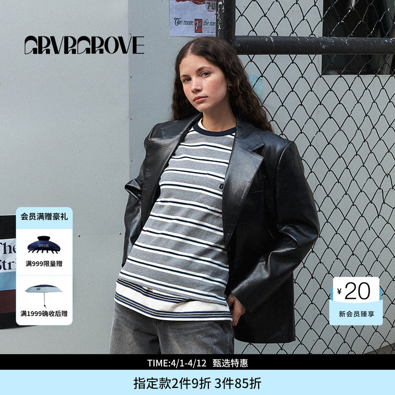 GROVE官方旗舰店PS春季款PU西装复古廓形外套女 GS5JK