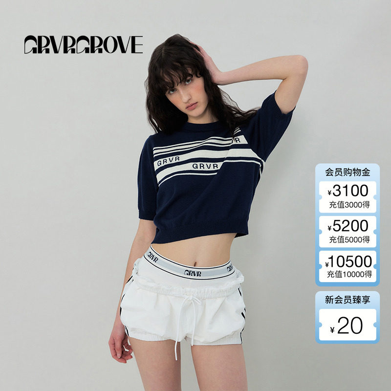 GROVE官方旗舰店2025SS春夏新款条纹GRVR针织短袖女t恤 GS5KN15J