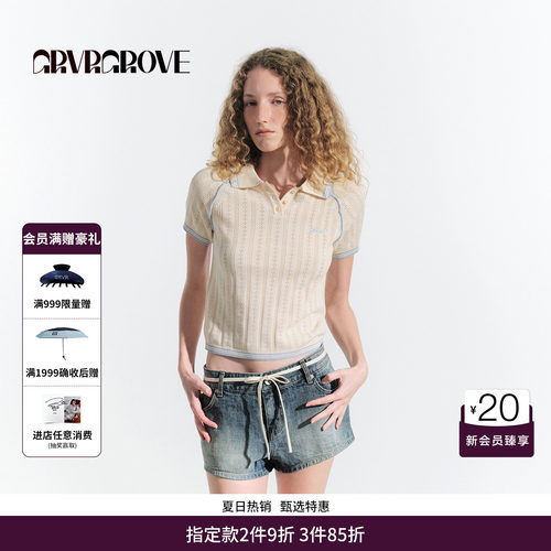 GRVR GROVE官方旗舰店夏款翻领针织短袖撞色镂空上衣女 GM5KN03M